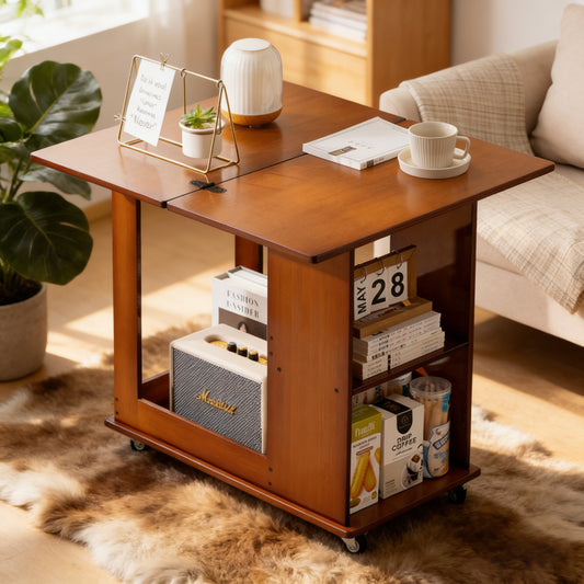 GOMYHOME Bamboo folding edge table with movable storage, foldable tabletop suitable for beds