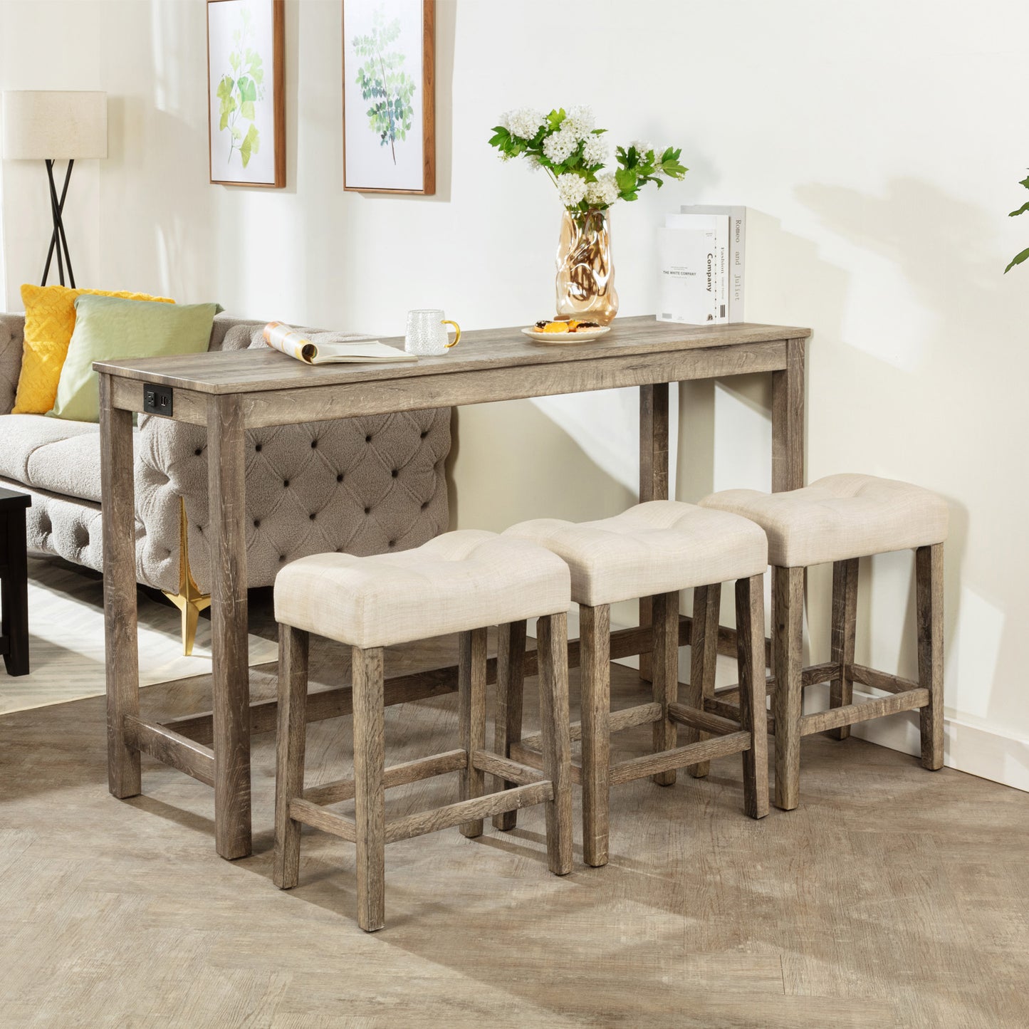 GOMYHOME brown brown 4-piece bar table set with power outlet for dining room and kitchen