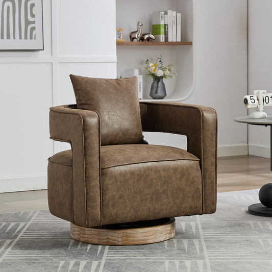 Swivel Barrel Accent Chair, Faux Leather Armchair with Pillow for Living Room & Bedroom