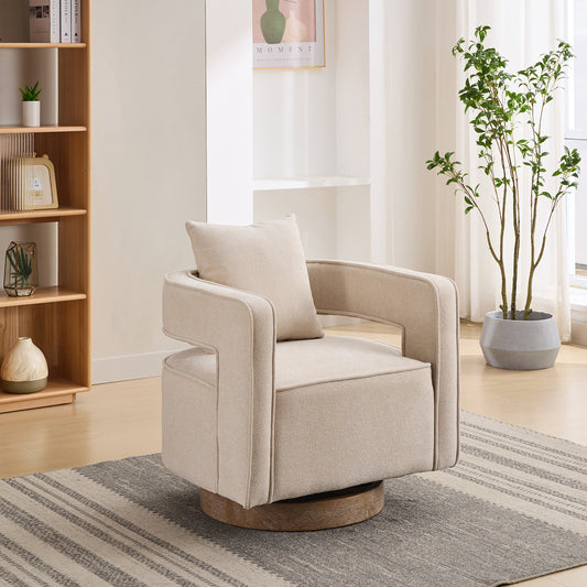 GOMYHOME 29" Swivel Accent Chair, Linen Blend Upholstered Lounge Chair with Wood Base, Beige