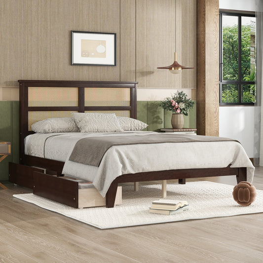 Full Size Bed with Rattan Headboard, 2 Storage Drawers & Solid Wood Frame, Espresso
