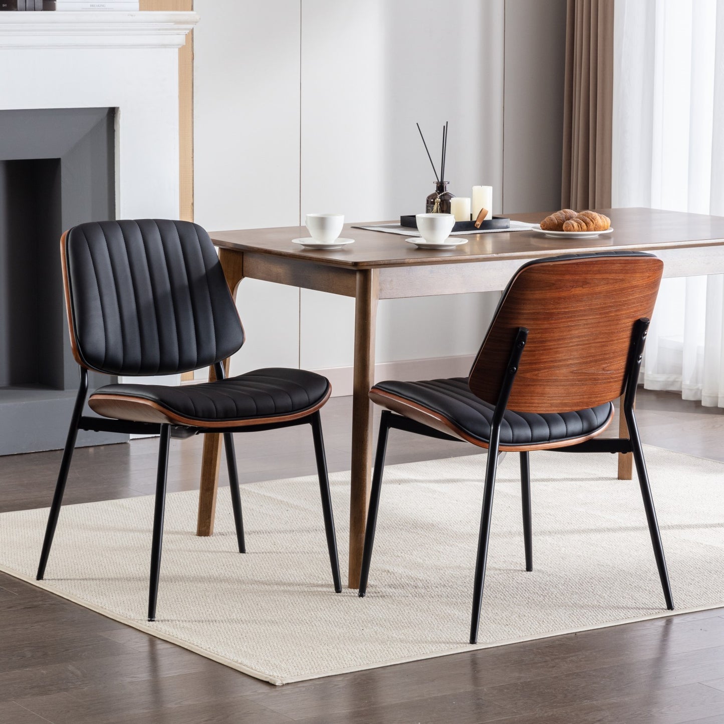 GOMYHOME Black Mid-Century Modern PU Leather Dining Chairs, Set of 2
