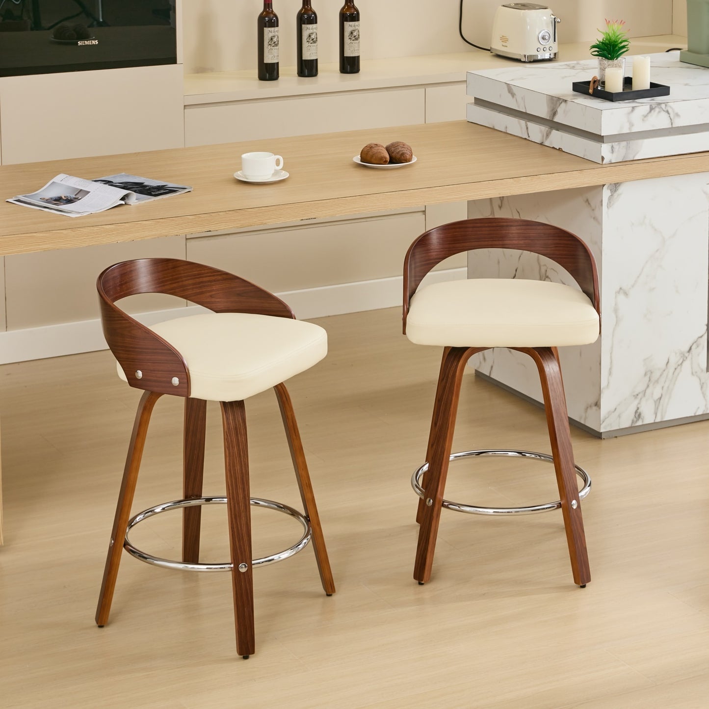 GOMYHOME Beige PU Leather Counter Height Bar Stools 25", Set of 2