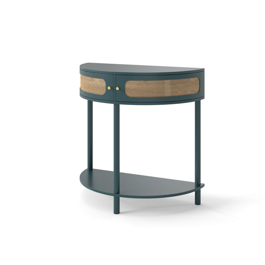 Boho Rattan Semi Circle Console Table with Sliding Door & Bottom Shelf, Green