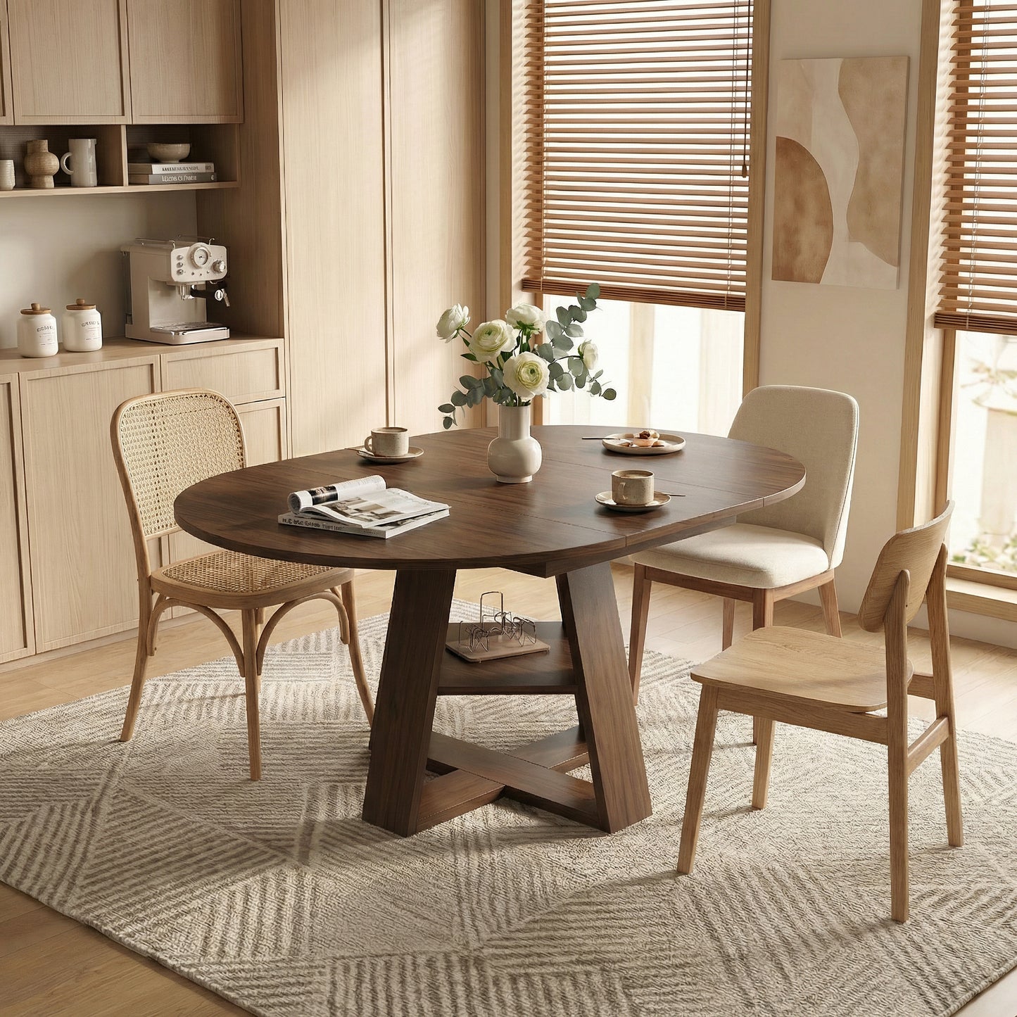 GOMYHOME Extendable Round Dining Table for 4-8, Wood Table with Storage Shelf, Walnut