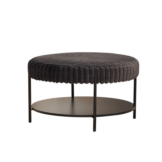 Charcoal Round Ottoman Coffee Table with Storage Shelf & Black Metal Legs