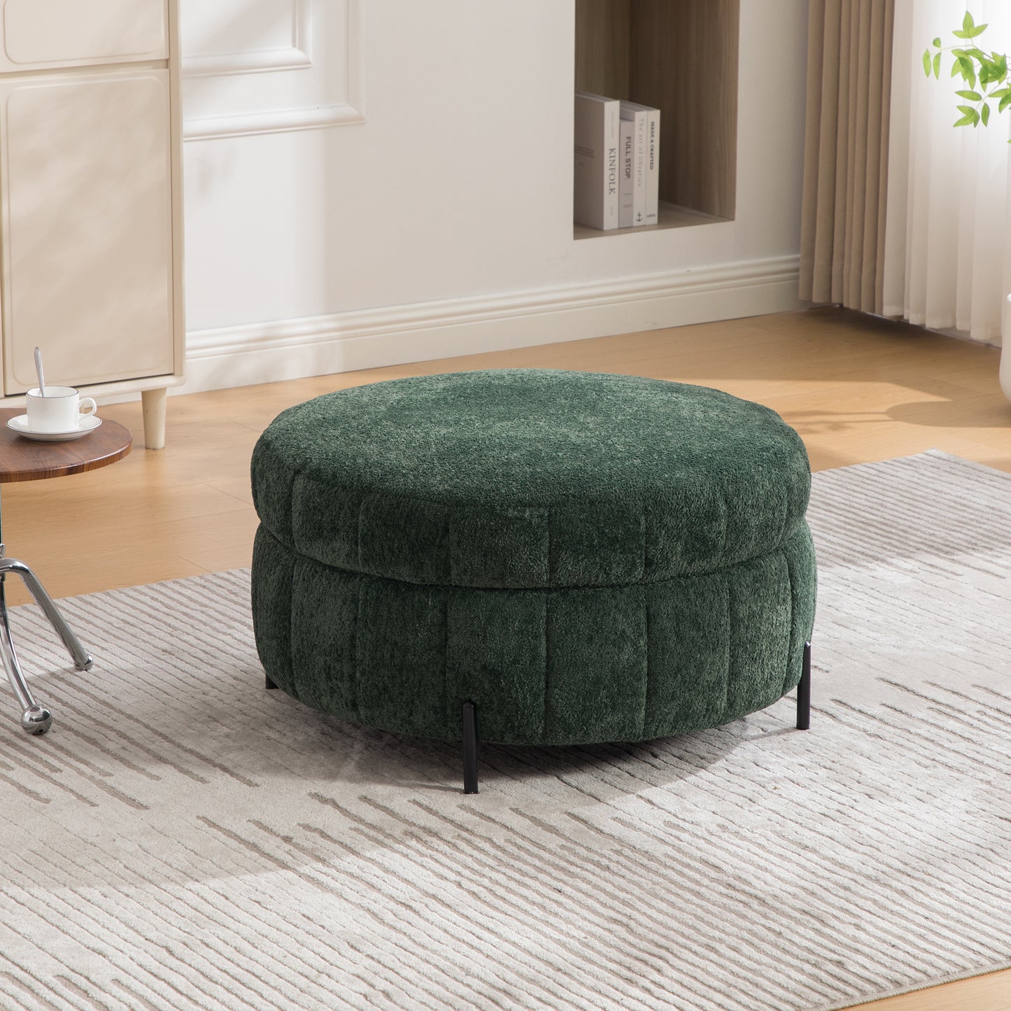 GOMYHOME 31.3-Inch Green Chenille Round Storage Ottoman with Reversible Lid
