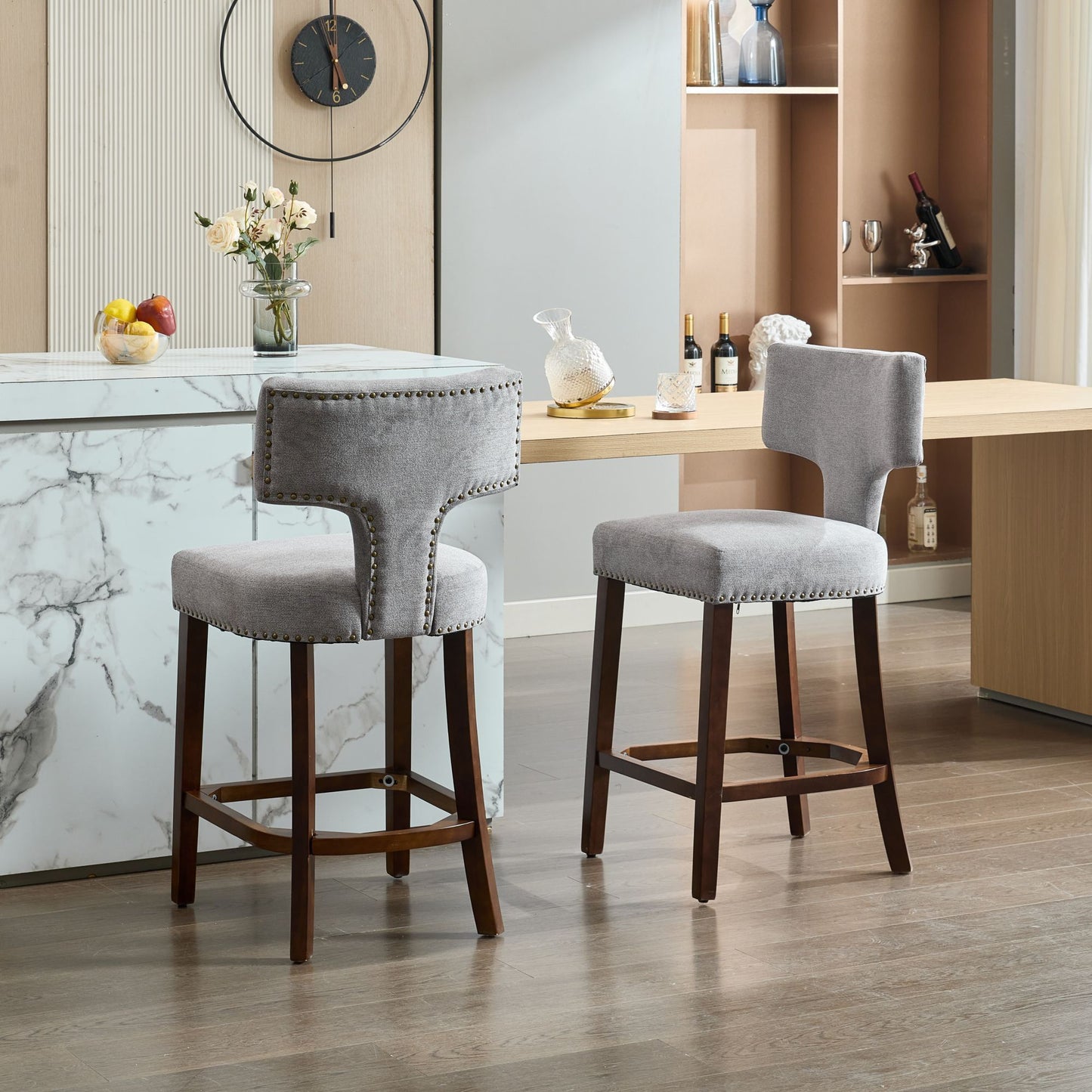 Mid Century Modern Counter Height Bar Stools Set of 2, Farmhouse Linen Upholstered Chairs with Curved Backrest, Copper Nail Trim, Solid Wood Legs, Gray