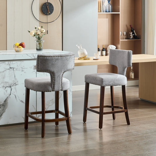 Mid Century Modern Counter Height Bar Stools Set of 2, Farmhouse Linen Upholstered Chairs with Curved Backrest, Copper Nail Trim, Solid Wood Legs, Gray