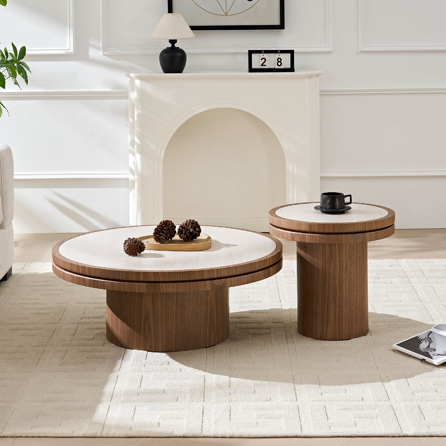 GOMYHOME Walnut 35.43" Round Coffee Table with Sintered Stone Top in Walnut for living room