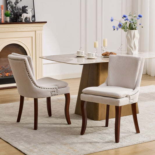 2-Piece Modern Dining Chairs Set, Curved Chenille Upholstered Seats & Solid Wood Legs