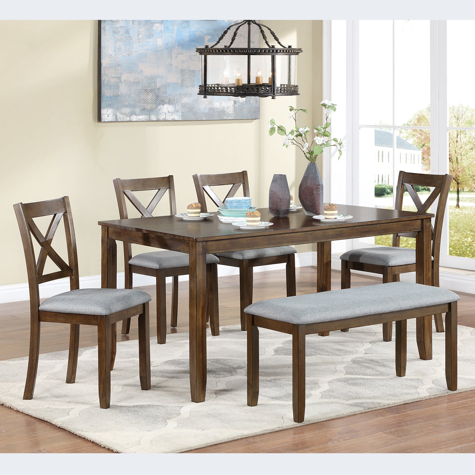 GOMYHOME walnut walnut 6-piece dining table set with bench for dining room and kitchen