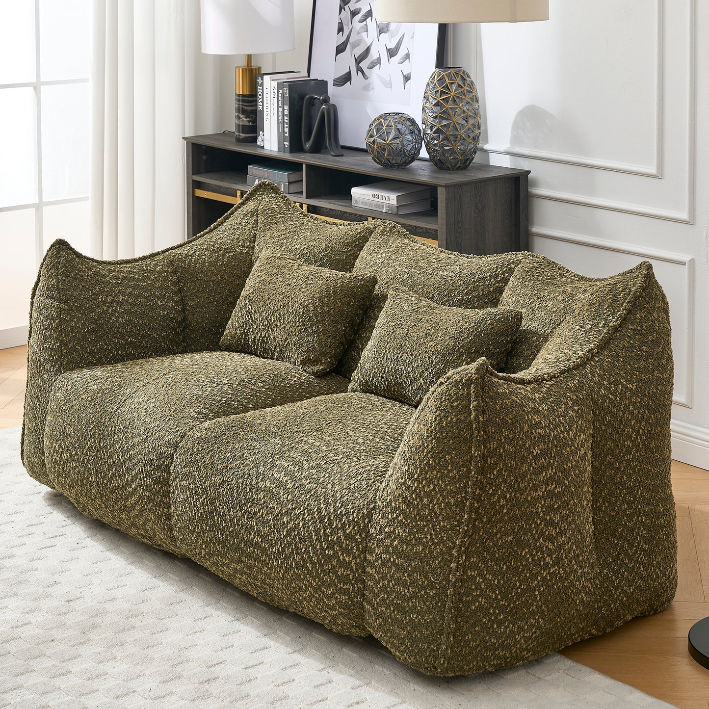 GOMYHOME olive green chenille bean bag chair with foam core for modern living room lounging