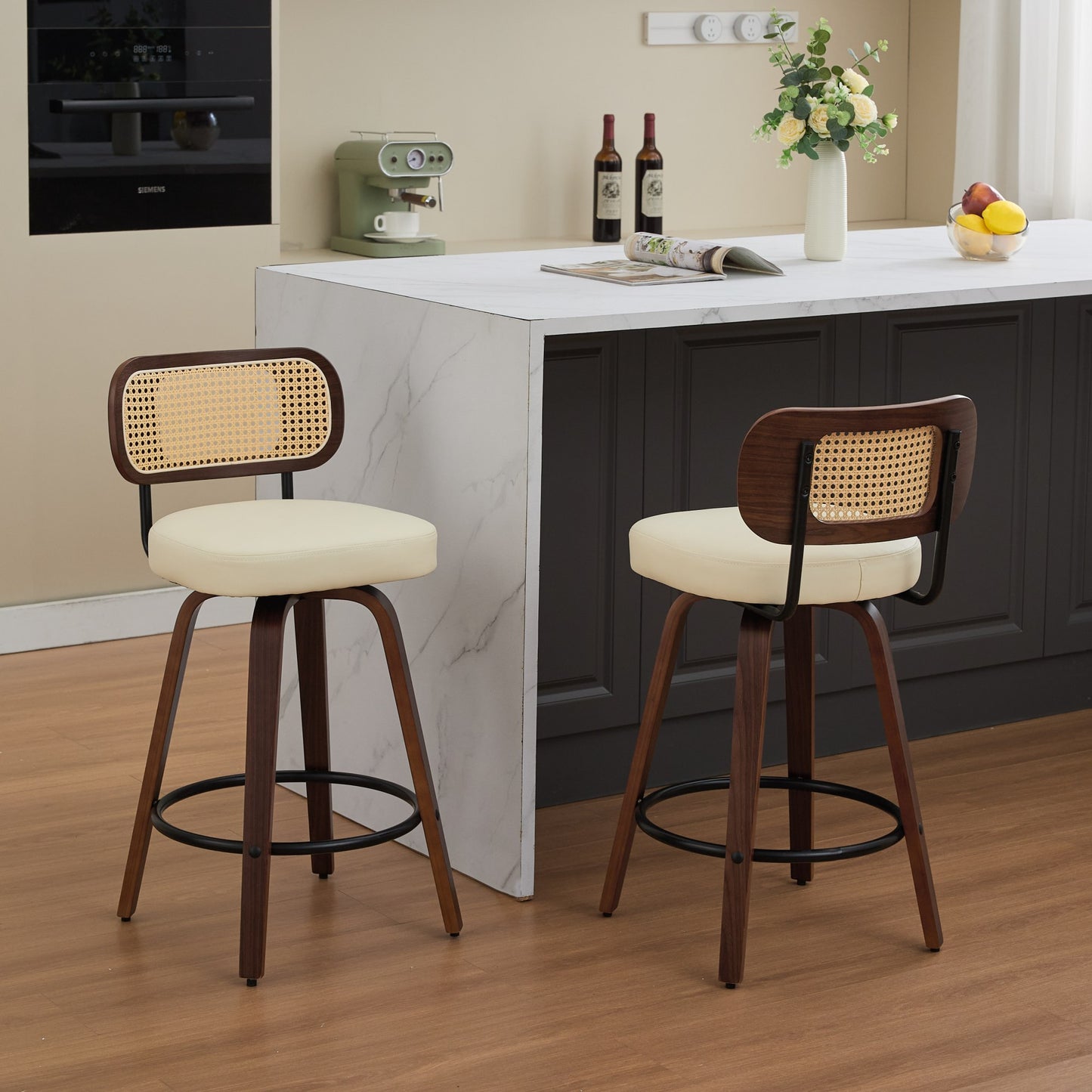 GOMYHOME Beige Natural Cane-Back Counter Height Bar Stools 26-Inch, Set of 2