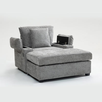 GOMYHOME Modern Oversized Chair with Ottoman,Chenille Fabric Sofa Bed,Accent Chair Comfy Sofa with Cupholders and USB Charging Ports Chair for Living Room,Bedroom,Apartment