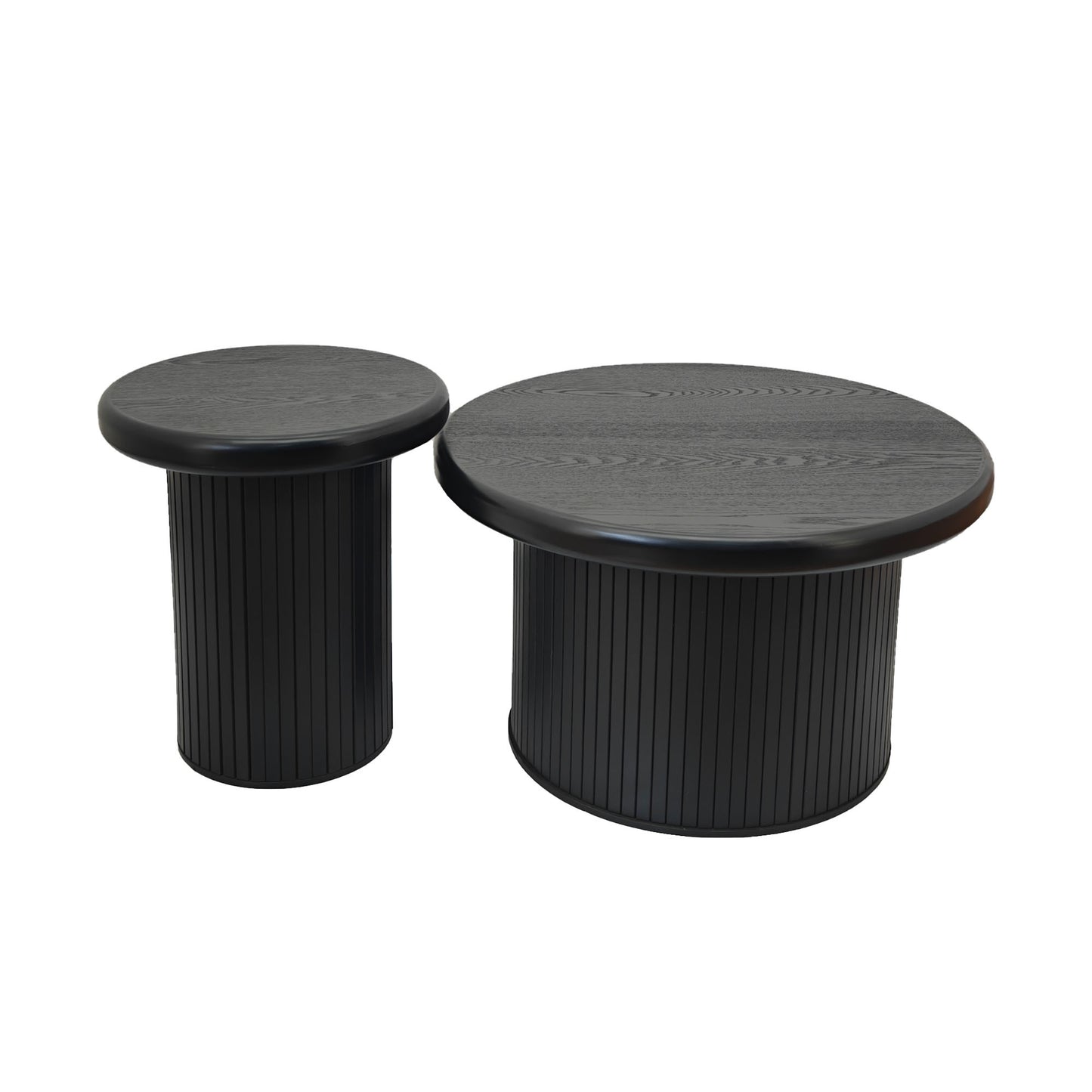 GOMYHOME Set of 2 Black Fluted Cylinder Side Tables - Modern Round End Tables for Living Room, Bedroom