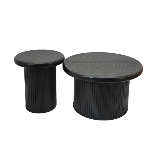 GOMYHOME Set of 2 Black Fluted Cylinder Side Tables - Modern Round End Tables for Living Room, Bedroom