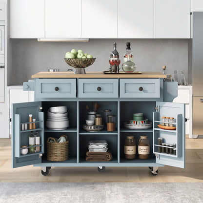 GOMYHOME Kitchen Cart with Rubber wood Drop-Leaf Countertop ,Cabinet door internal storage racks,Kitchen Island on 5 Wheels with Storage Cabinet and 3 Drawers for Dinning Room, Grey Blue