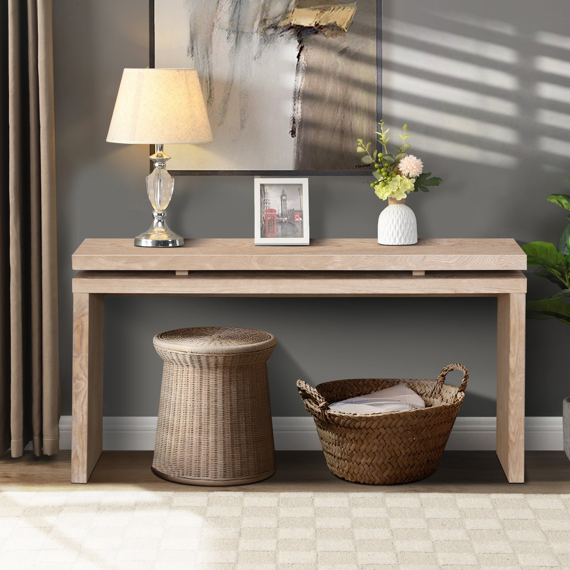 GOMYHOME 59.8-Inch Antique Natural,White Washed Farmhouse Console Table in Antique Natural,White Washed finish for entryway