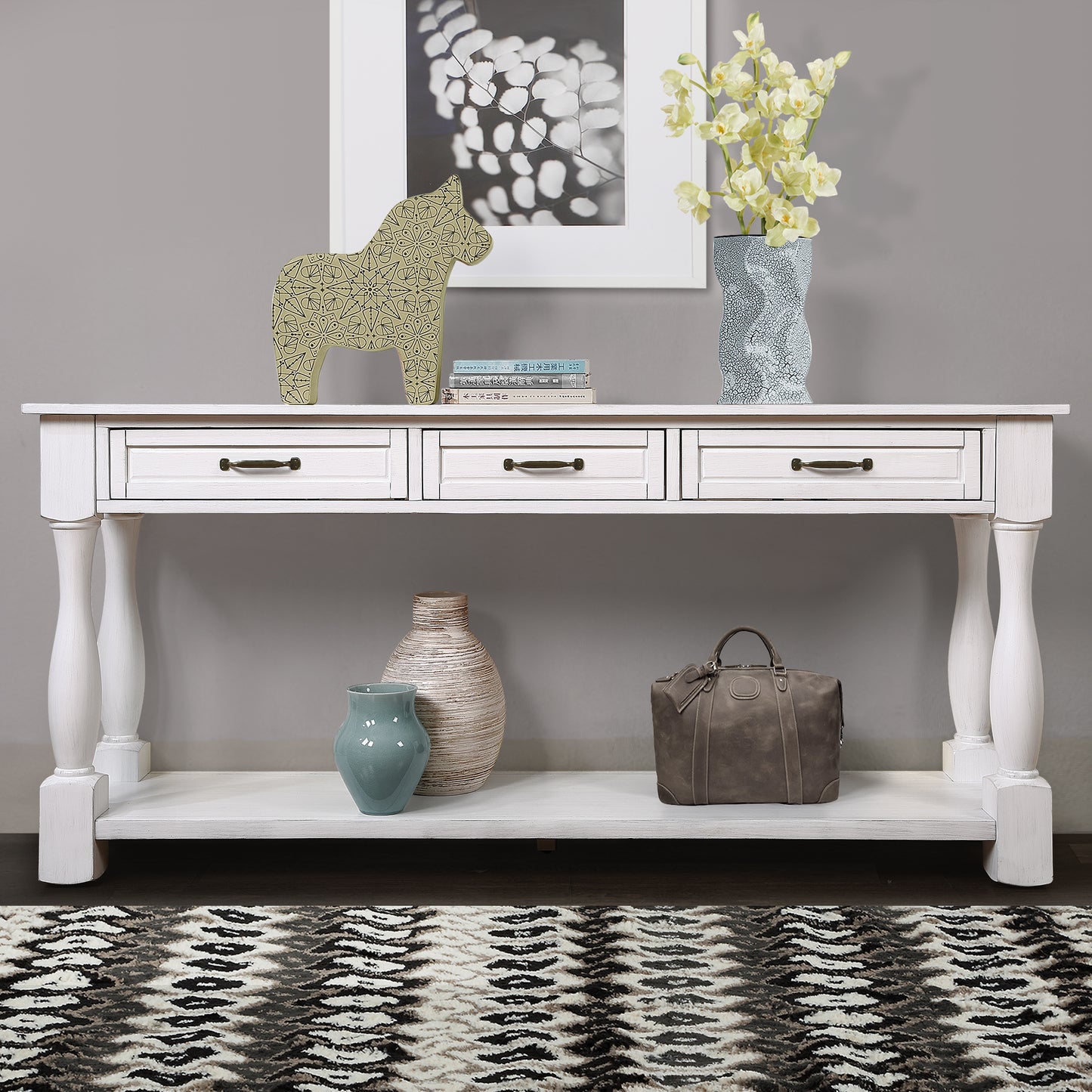 GOMYHOME Pine 63.38" Console Table for living room Antique White for living room