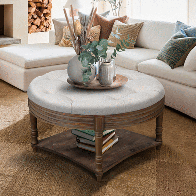 GOMYHOME Light Gray Round Tufted Ottoman Coffee Table with Storage Shelf