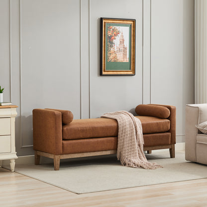 GOMYHOME brown brown pu 66.34-inch end of bed bench for living room bedroom and apartment