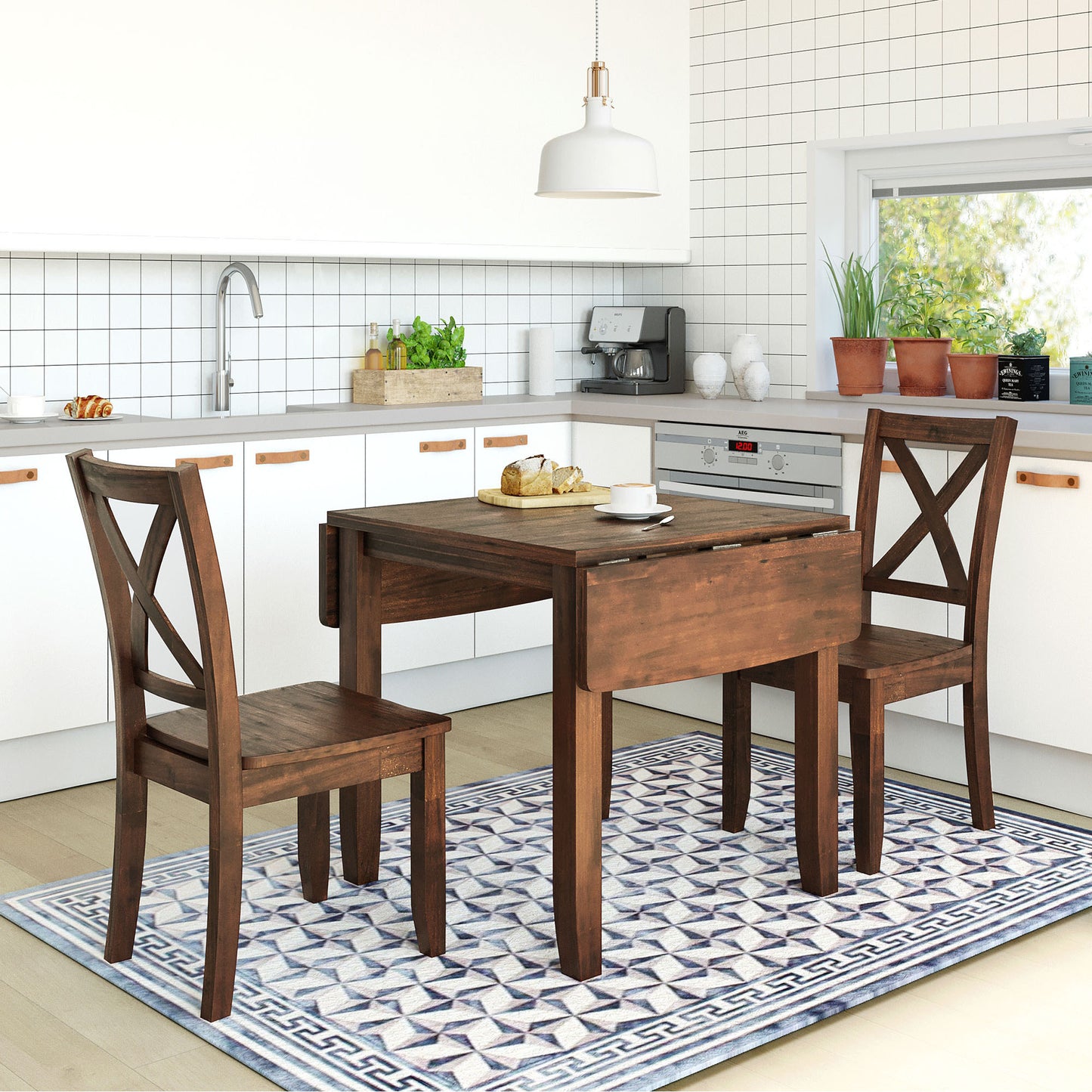 GOMYHOME TOPMAX 3-Piece Wood Drop Leaf Breakfast Nook Dining Table Set with 2 X-back Chairs.