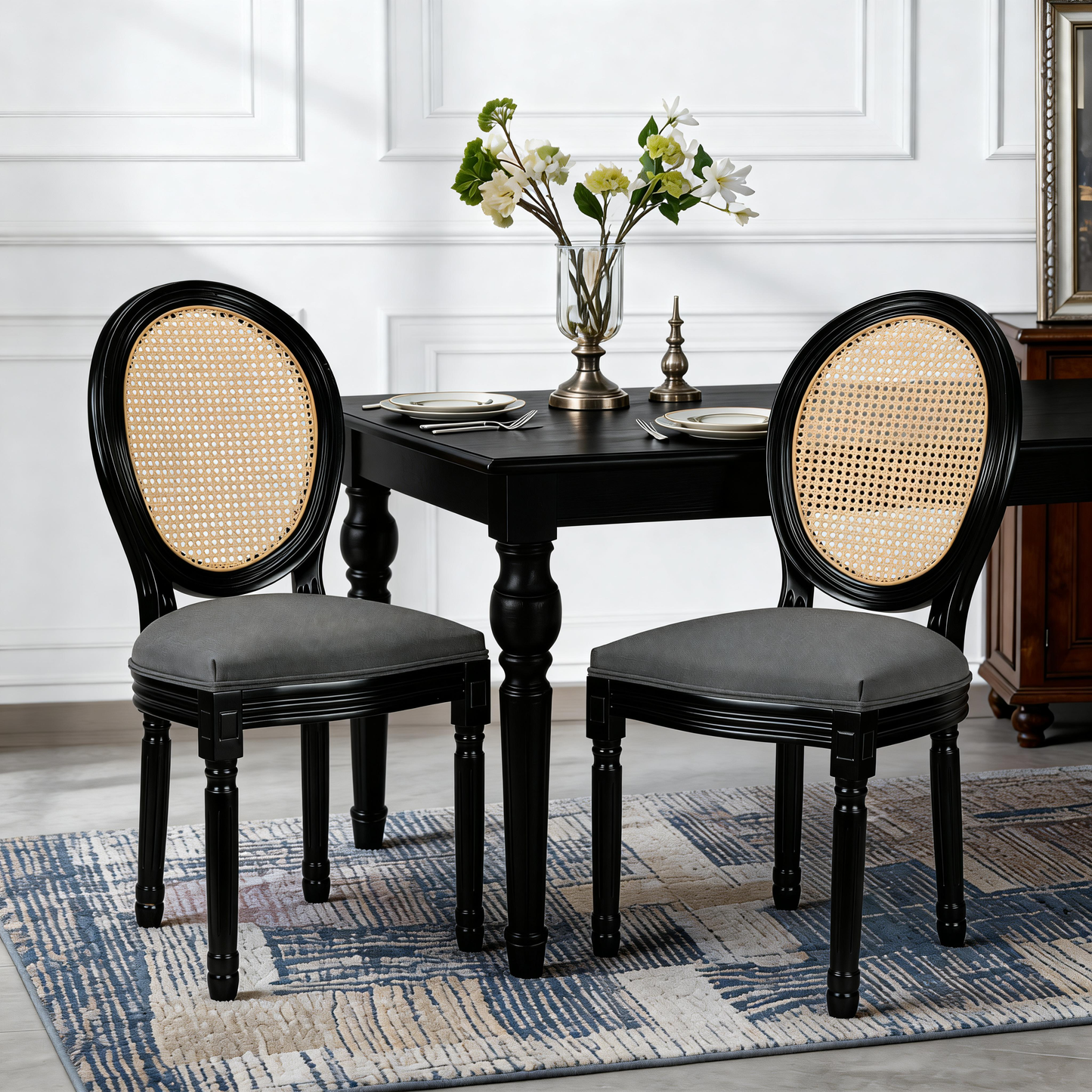 GOMYHOME French Country Dining Chairs Set of 2, Rattan Back, Upholstered Seat, Solid Wood Frame, Black & Dark Gray