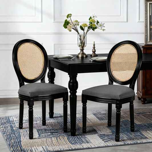 GOMYHOME French Country Dining Chairs Set of 2, Rattan Back, Upholstered Seat, Solid Wood Frame, Black & Dark Gray