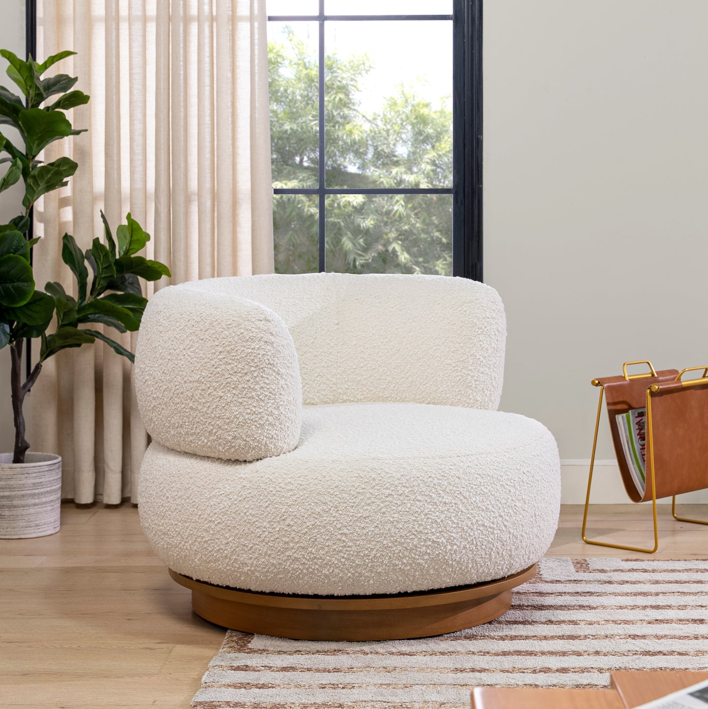 GOMYHOME Fuji 360 Swivel Low Barrel Back Accent Chair, Ivory White Boucle