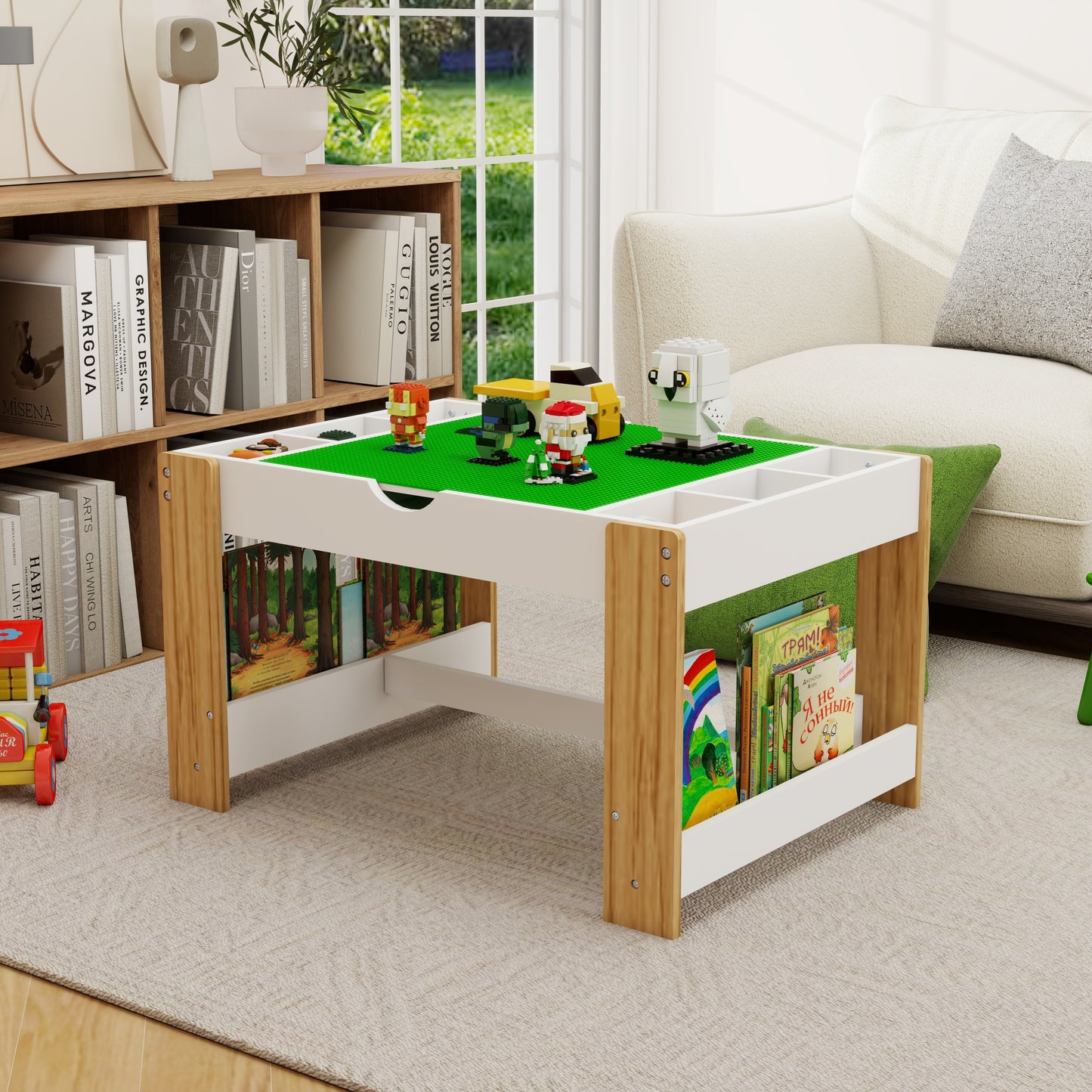 GOMYHOME Kids 3-in-1 Activity Play Table with Building Block Surface & Storage – Natural/White