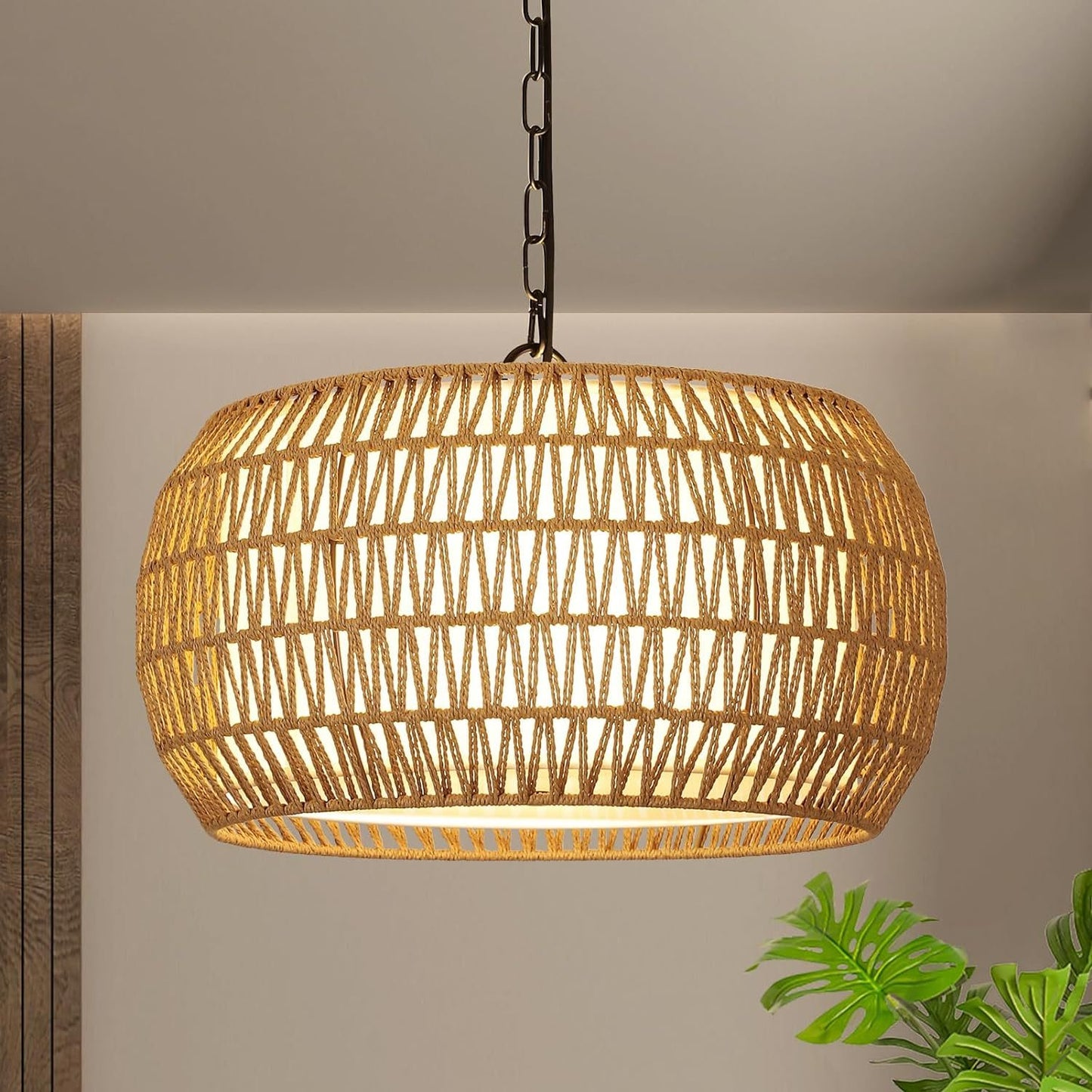 '-Rattan Farmhouse Chandelier, Boho Pendant Light Fixture for Dining & Living