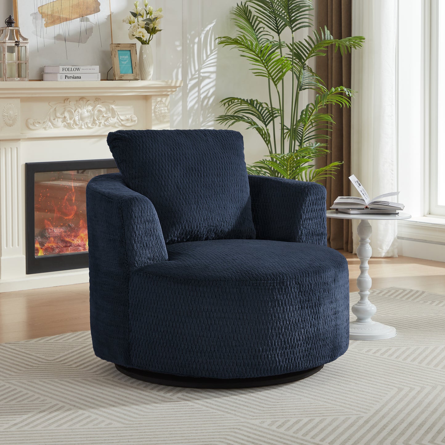 GOMYHOME 360° Swivel Accent Chair, Faux Fur Upholstered Barrel Lounge Chair, Dark Blue