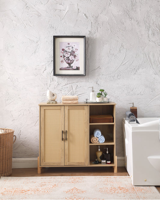 '-Mid-Century Modern Storage Cabinet with Rattan Doors & Adjustable Shelves, Walnut Finish
