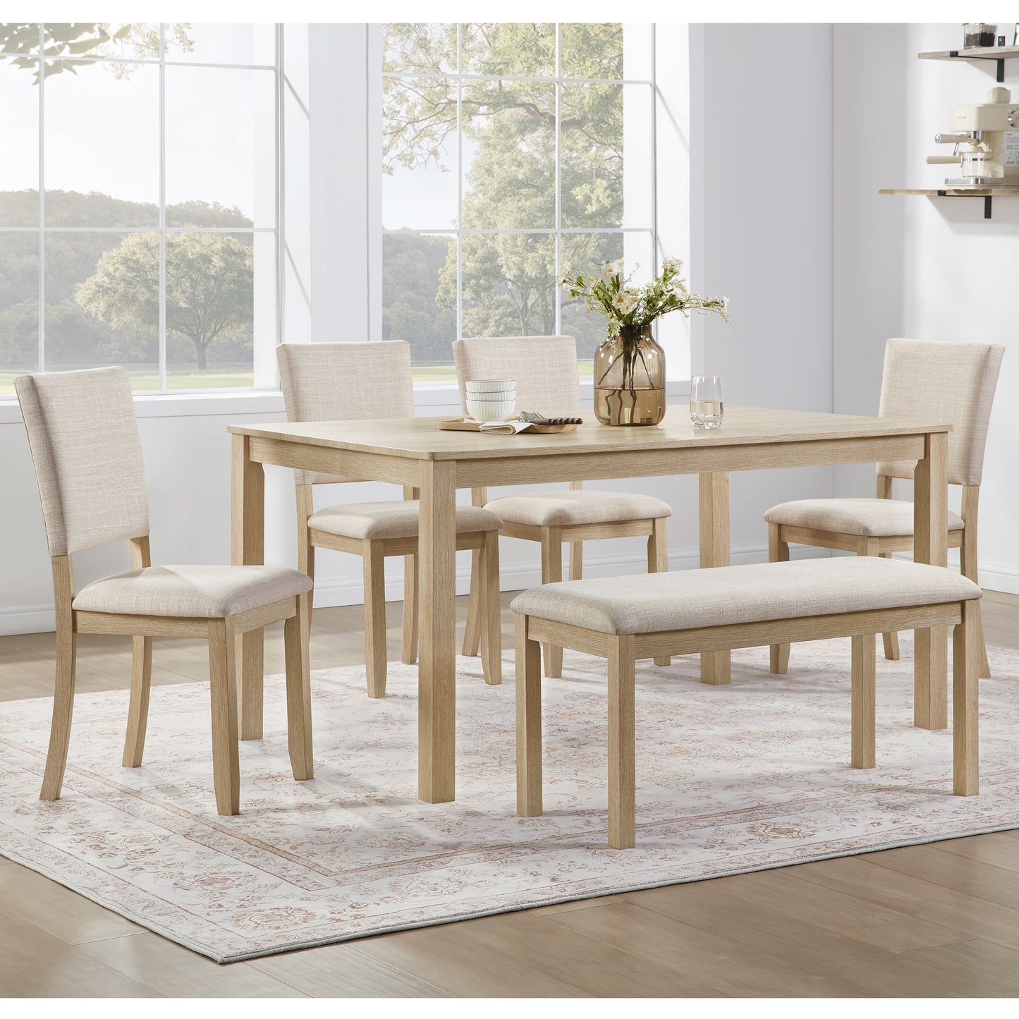 GOMYHOME beige, light oak beige, light oak 6-piece dining table set with bench for dining room and kitchen