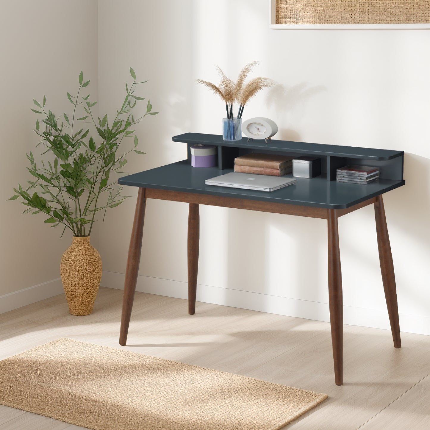 GOMYHOME Mid-Century Modern Writing Desk with Storage Hutch, Small Space Laptop Table, Blue/Walnut