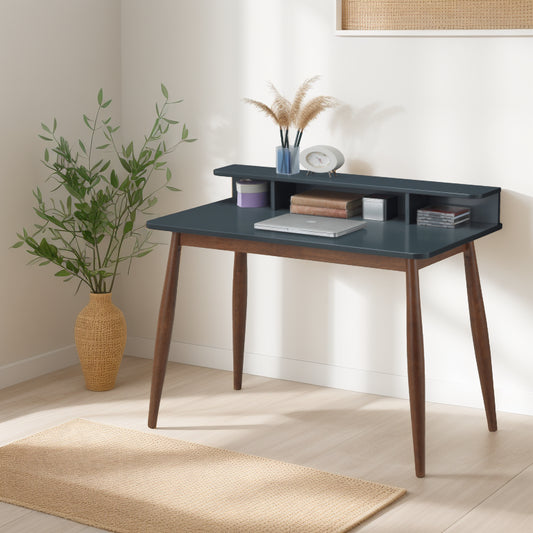 GOMYHOME Mid-Century Modern Writing Desk with Storage Hutch, Small Space Laptop Table, Blue/Walnut