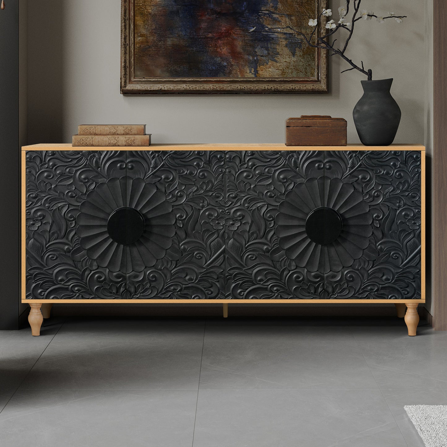 GOMYHOME Black with wood-tone frame TV Stand & Storage Cabinet with Adjustable Storage