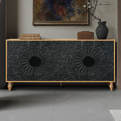 GOMYHOME Black with wood-tone frame TV Stand & Storage Cabinet with Adjustable Storage