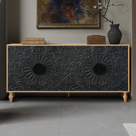 GOMYHOME Black with wood-tone frame TV Stand & Storage Cabinet with Adjustable Storage