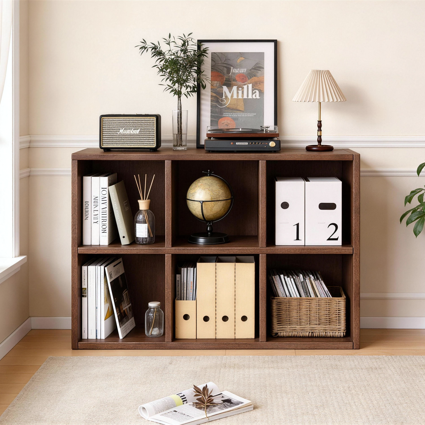 GOMYHOME Solid Wood 6-Cube Bookshelf Storage Organizer Display Cabinet, Walnut