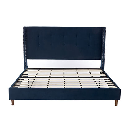 GOMYHOME Velvet King Bed with 54" Tufted Headboard, Wingback Nailhead Frame, Blue