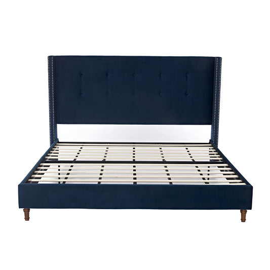 GOMYHOME Velvet King Bed with 54" Tufted Headboard, Wingback Nailhead Frame, Blue