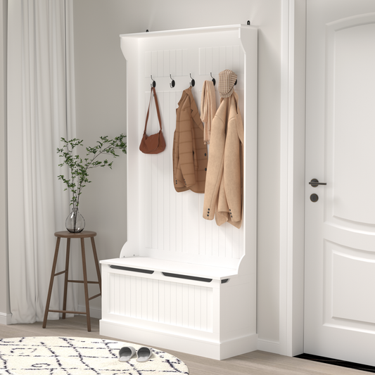 GOMYHOME White Entryway Hall Tree with Coat Rack and Shoe Storage Bench