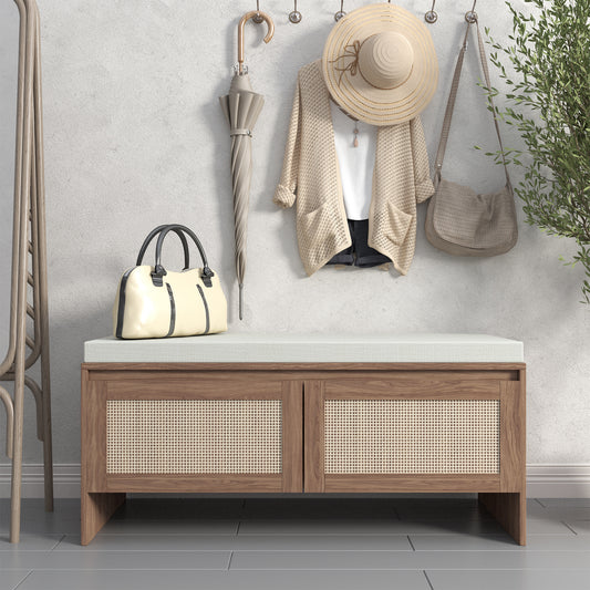 Rattan Storage Bench with Cushion, Shoe Cabinet with 2 Doors for Entryway, Natural