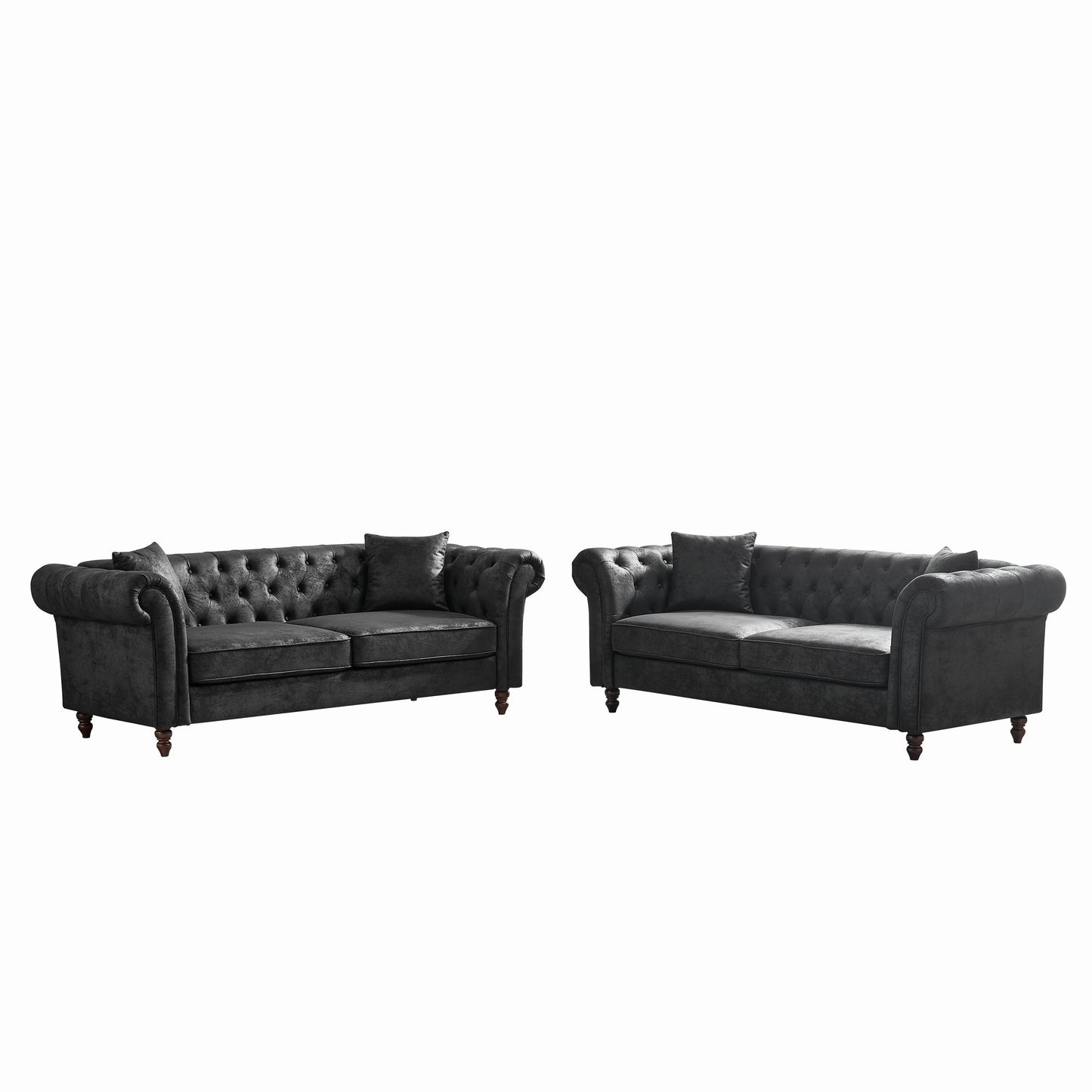 GOMYHOME Black Tech Fabric Chesterfield Sofa Set with Two 3-Seat Sofas