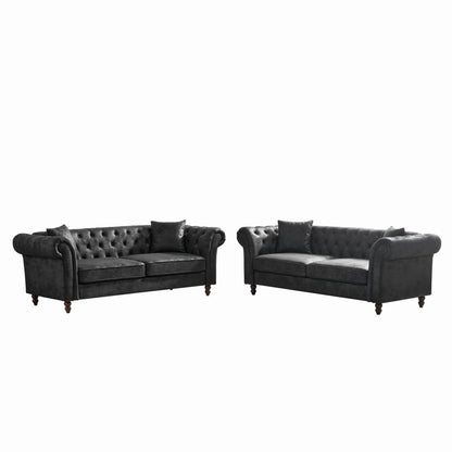 GOMYHOME Black Tech Fabric Chesterfield Sofa Set with Two 3-Seat Sofas