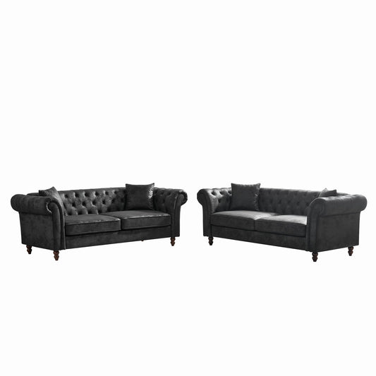 GOMYHOME Black Tech Fabric Chesterfield Sofa Set with Two 3-Seat Sofas