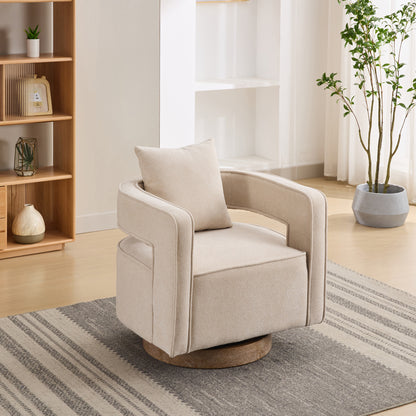 GOMYHOME 28.94-Inch Beige Linen-Blend Swivel Accent Chair with Wood Base