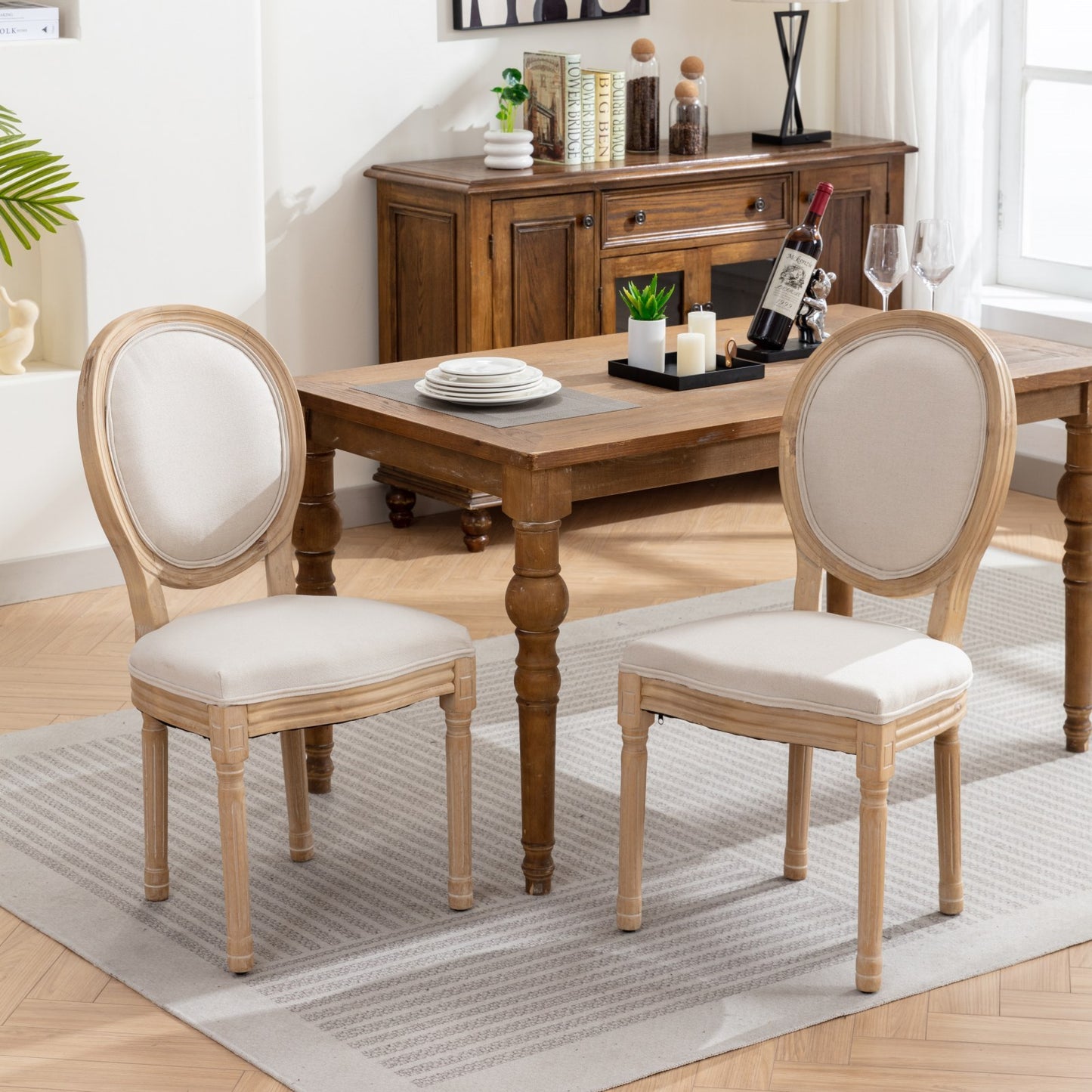 GOMYHOME Beige French Linen Fabric Dining Chairs, Set of 2